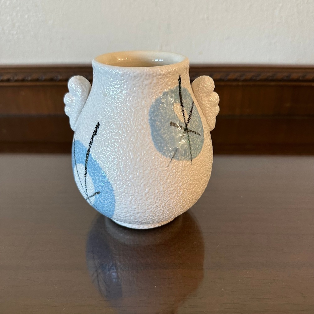Vintage Mid Century Modern Textured Ceramic Bud Vase Blue Abstract Wing Handles